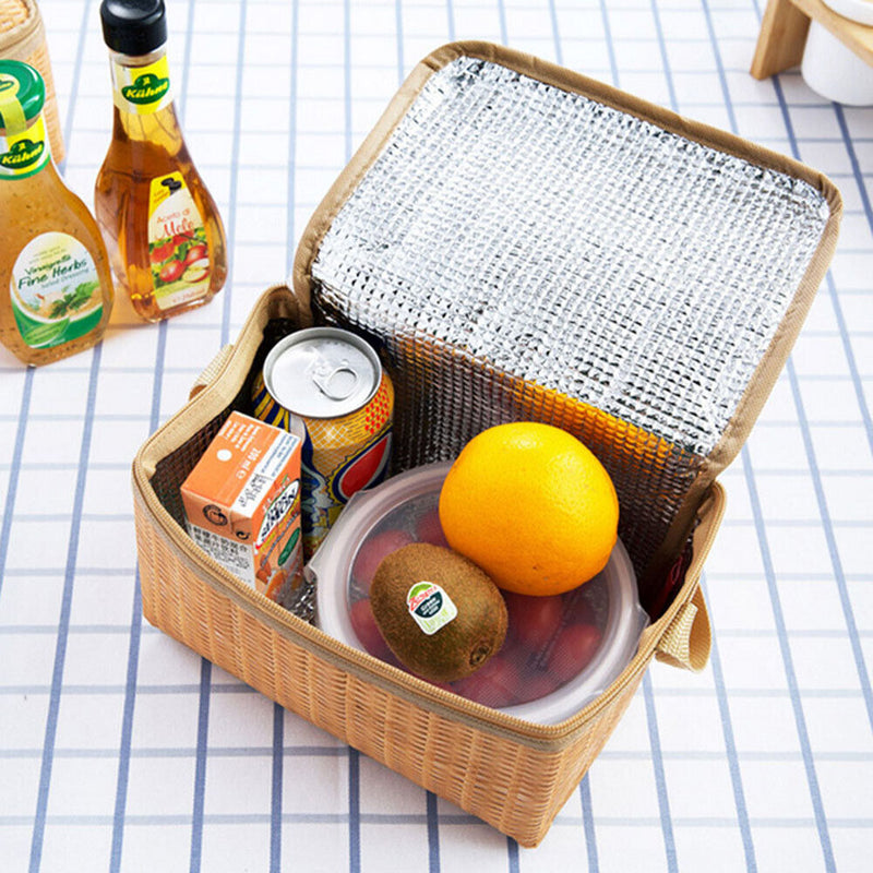 Portable Wicker Rattan Camping Picnic Bags Insulated Thermal Lunchbox Bag