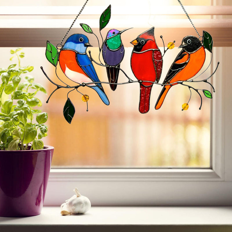 Color Birds on A Wire, Stained Glass  Window Hanging Panel (2) Newly