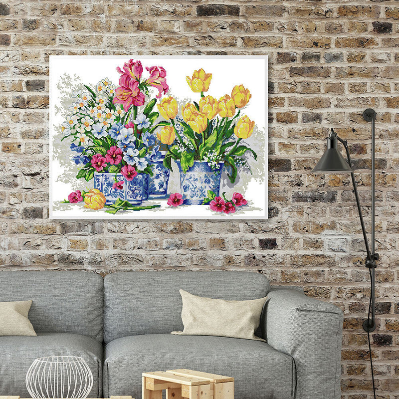 Full Cross Stitch 14CT Cotton Thread DIY Fresh Flowers Printed Embroidery Kits
