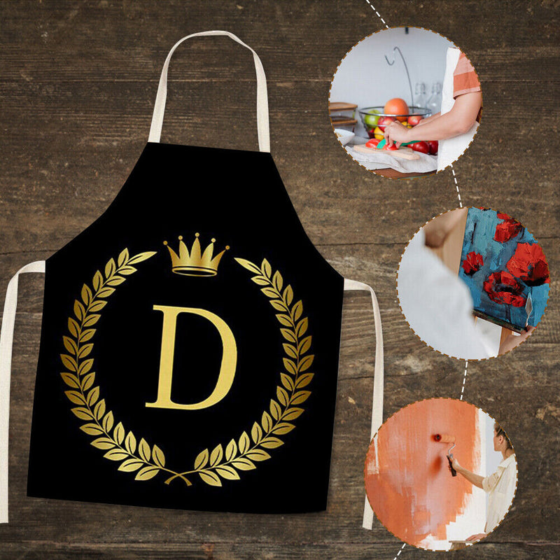 Letter D Printed Linen Apron Kitchen Waterproof Pinafore for Women Men Household