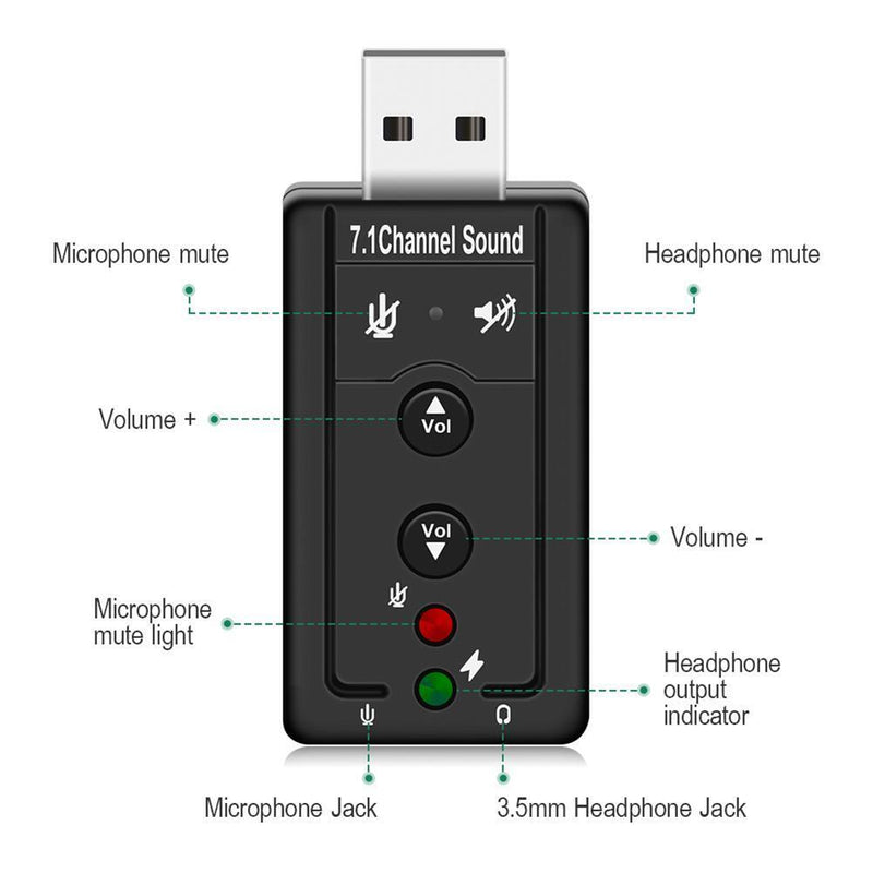 7.1 External PC USB Sound Card 3.5mm AUX Headphone Microphone Audio Adapter