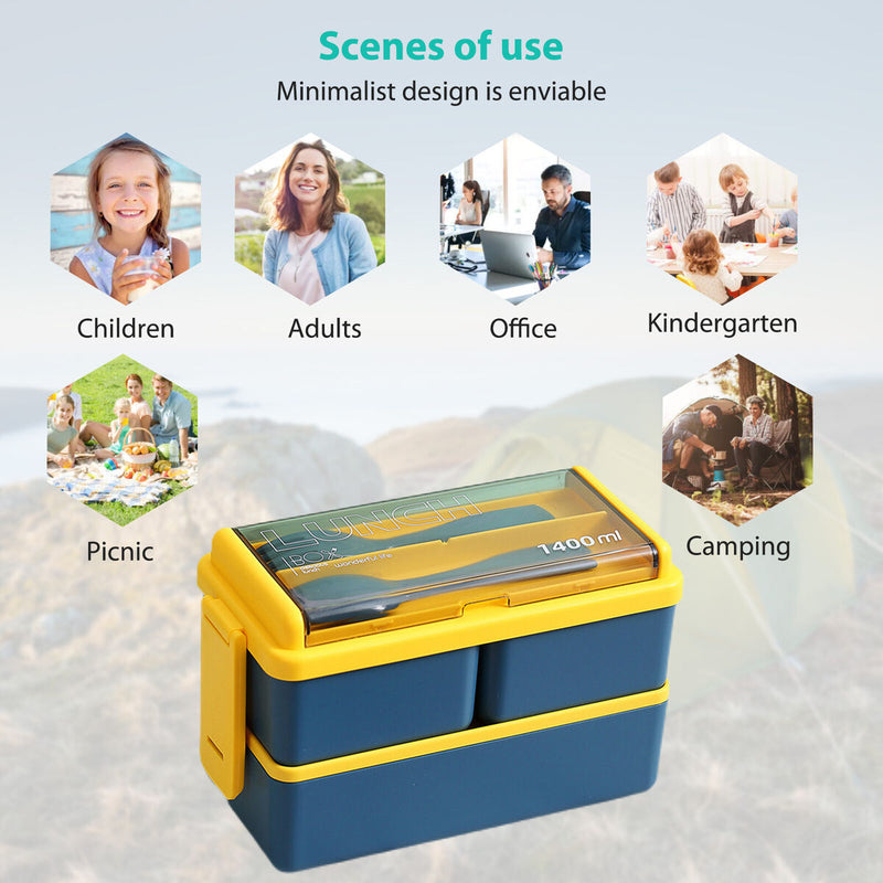 1400ML Bento Box Portable Double Layer Lunch Containers With Utensil for Outdoor