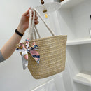Summer Straw Woven Silk Scarf Messenger Bag Casual Women Vacation Large Handbags