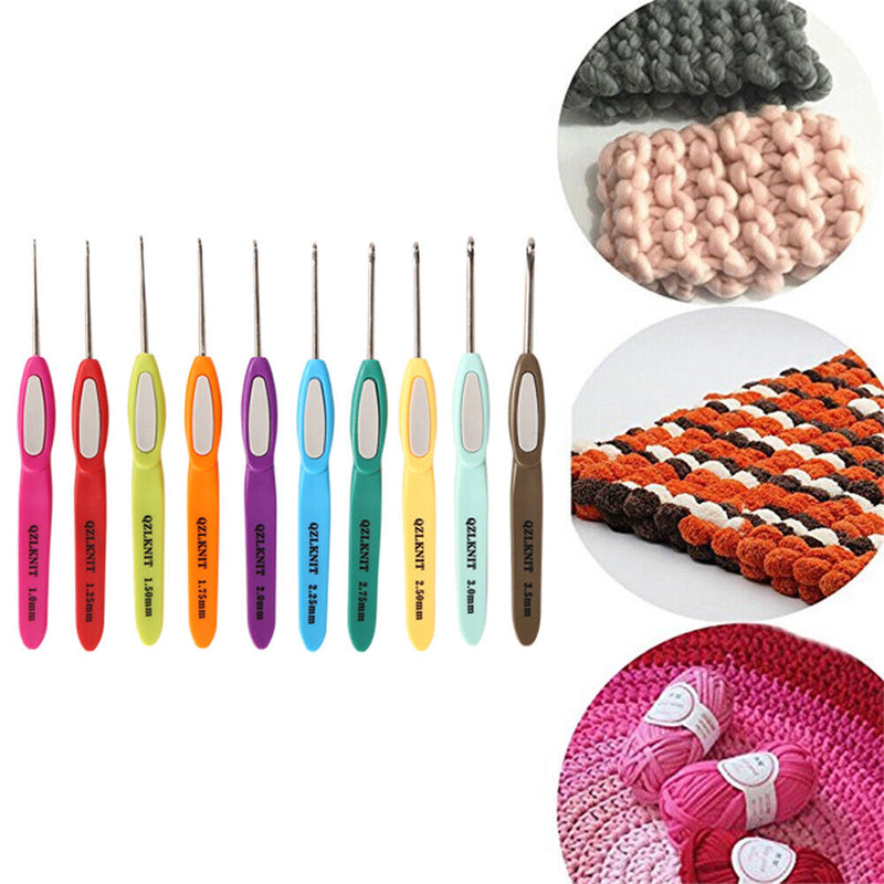 10pcs Plastic Handle Aluminum Crochet Hooks Yarn Knitting Needle Set for Sweater