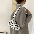 Retro Women Polka Dot Print Plush Underarm Bag Winter Small Handbag (White)