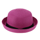 Summer Women Straw Knitting Sun Hat Travel Outdoor Fold Beach Hat(Rose Red)