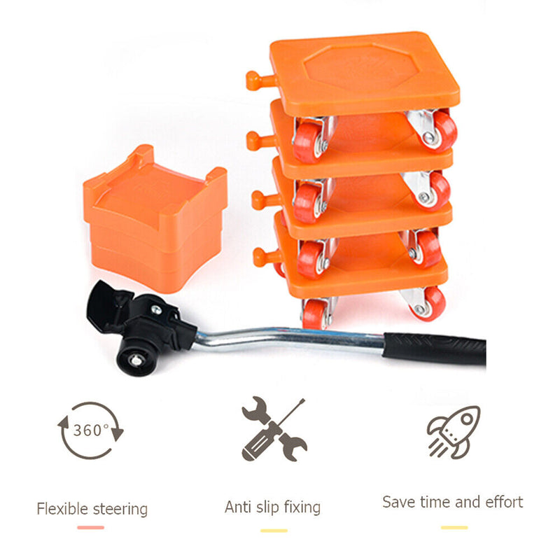 Household Transport Heavy Furniture Mover Wheeled Rollers Bar (Orange)