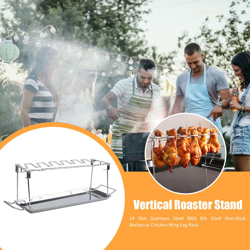 Folding Chicken Wing Leg Rack+Tray Stainless Steel Grill Roaster Stand BBQ