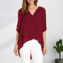 Fashion Women V-neck Tops Casual 3/4 Sleeve Pure Color Loose Irregular T-shirt