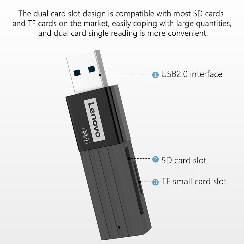 Lenovo D221 TF Memory Card Reader USB2.0 Dual Slot PC 2 TB Digital Adapter Newly