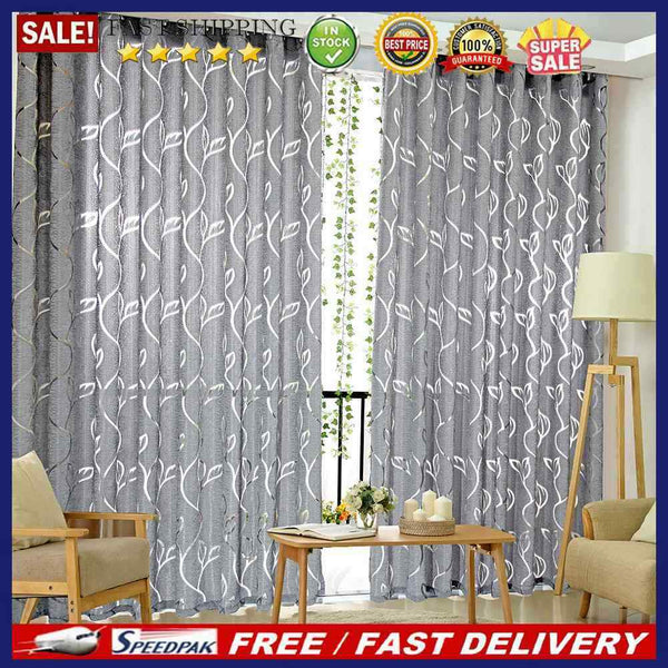 2pcs Semi Blackout Curtain Simple Vine Leaf Partition Window Decor(Grey)