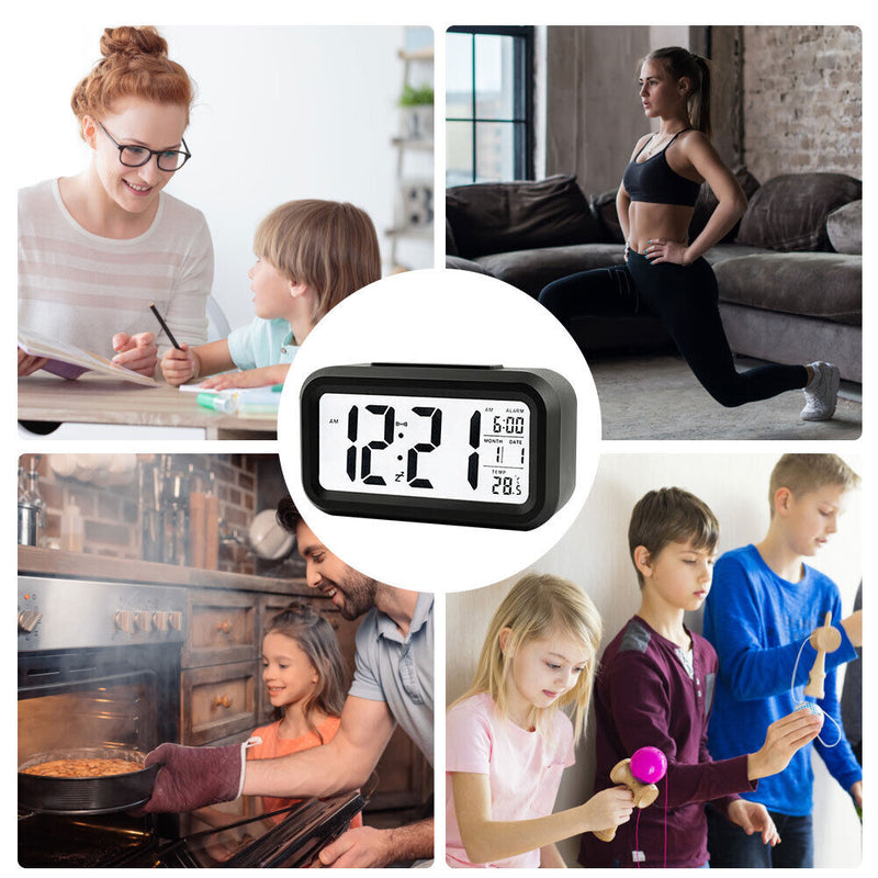 Temperature Alarm Clock LED Digital Backlight Calendar Snooze Clock (Black)