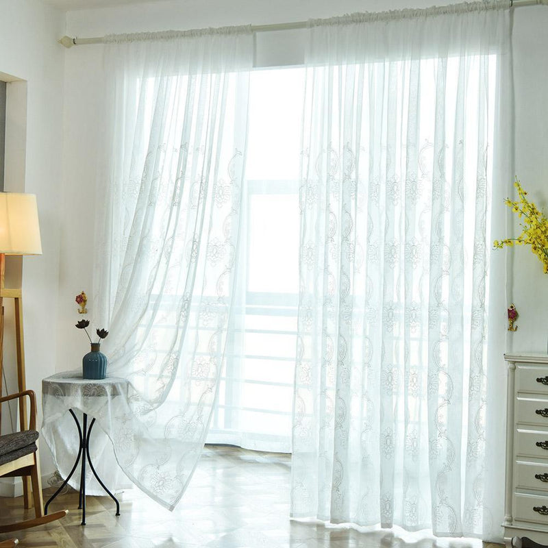 Embroidery Flower Screen Yarn Window Curtains Bedroom Voile Curtain(White)