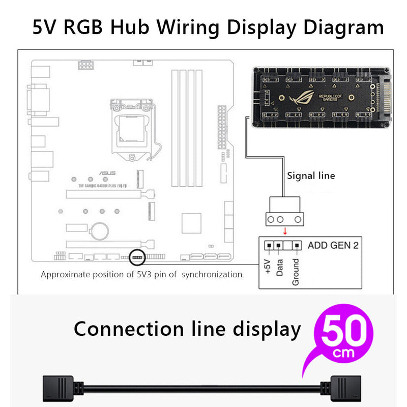 Desktop Computer ARGB Fan Hub Case+Cable 5V 3PIN PC RGB Cooler Splitter Set