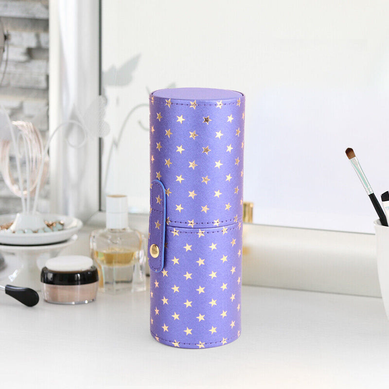 PU Leather Star Printing Makeup Brush Holder Portable Cosmetic Cup (Purple)