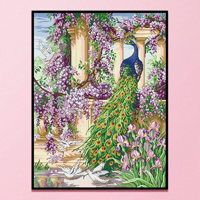 Full Embroidery DIY Canvas Stamped 11CT Cross Stitch Peafowl Flower Kit