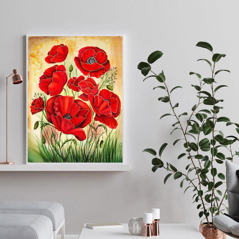 5D DIY Full Drill Round Shape Red Flower Rhinestone Diamond Drawing for Home