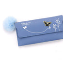 Women PU Flap Wallet with Plush Ball Lady Butterfly Coin Purse (Blue)