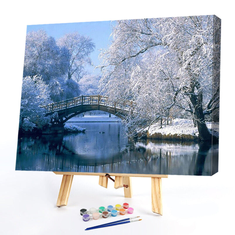 Hand Painted DIY Snow by Lake Oil Canvas Paint By Numbers Drawing Kit Craft