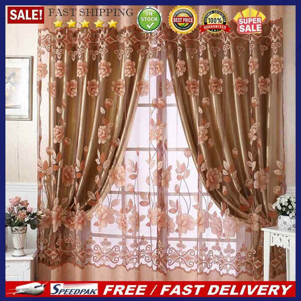 Floral Tulle Voile Window Screening Shading Window Curtain (Coffee)