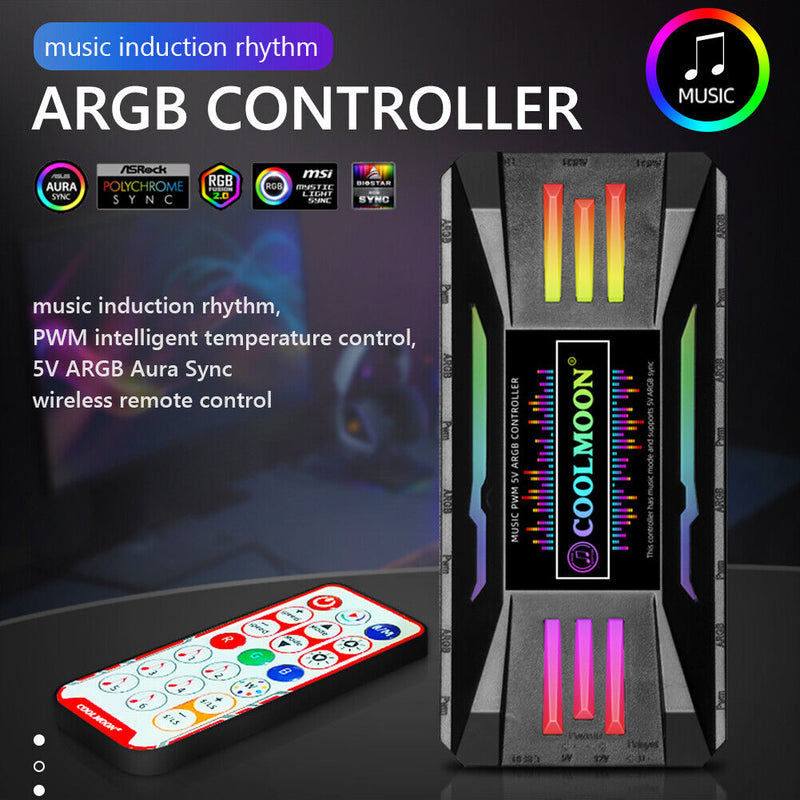 CoolMoon ARGB Controller 4 Pin PWM 5V 3 Pin for PC Case Cooling Fan (Black)