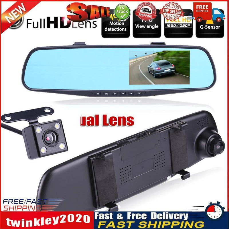 HD 1080P 4.3 inch Dual Lens Car DVR Rear View Mirror Dash Cam Video Camera Newly