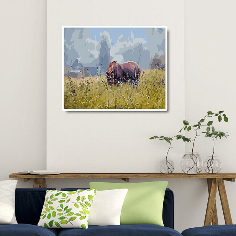 DIY Oil Painting By Numbers Kit Horses Eat Grass Hand Painted Picture Home Decor