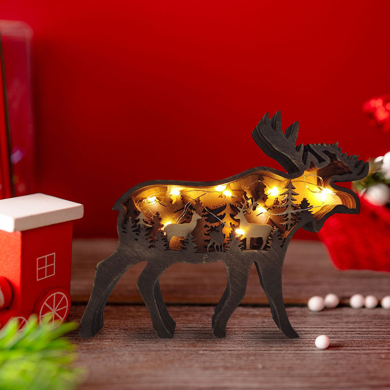 Wooden Ornament Multi-Layer Carving Handcraft Decor for Desktop Include Lights