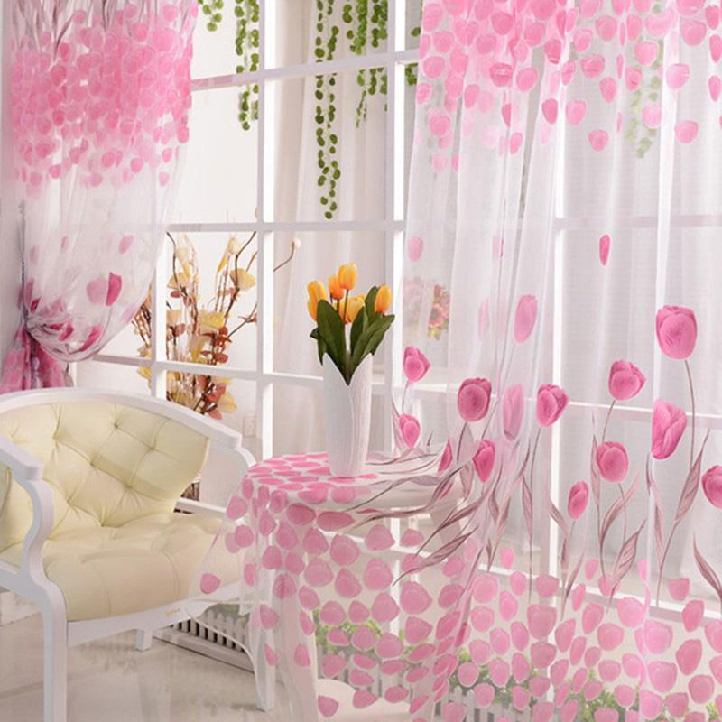 Tulip Printed Tulle Voile Door Window Curtain Sheer Drape Panel 200 x 100CM