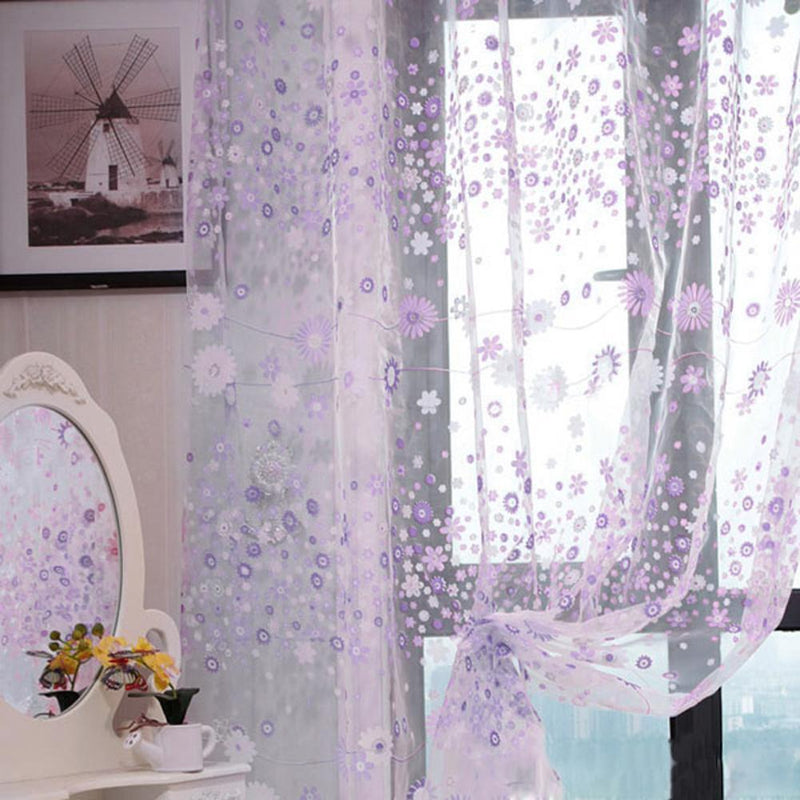 2pcs 200x100CM Floral Printed Tulle Voile Window Curtain ?Purple ?