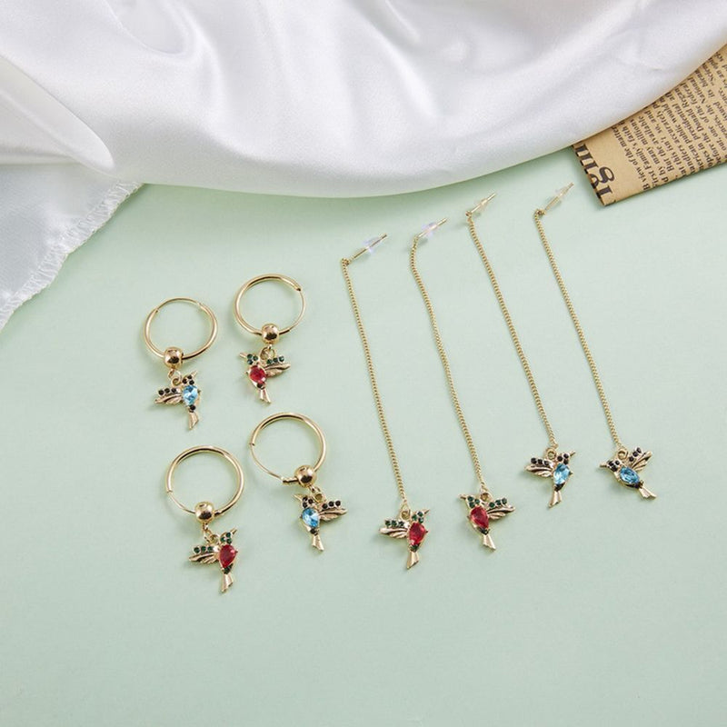 Design Hummingbird Crystal Birds Pendant Necklace Long Tassel Drop Earrings