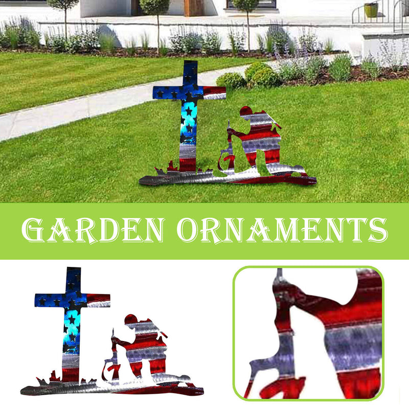 Kneeling Soldier Weathered Flag Iron Statue Garden Yard Decor Art Decorations