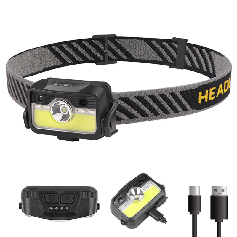 LED Sensor Headlight 6 Modes XPG+COB USB Head Torch Flashlight for Running Camp