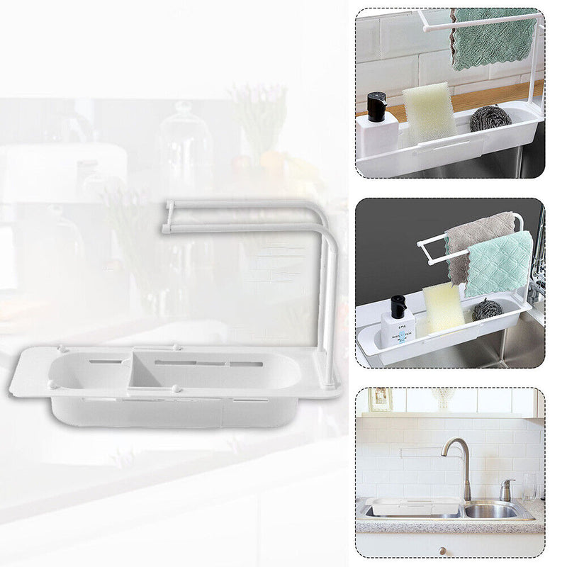 Telescopic Kitchen Sink Shelf Organizer Soap Sponge Holder Rack (White) Newly