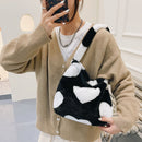 Retro Women Plush Leopard Shoulder Bag Autumn Winter Handbags (White Heart)