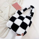Autumn Winter Plush Grid Print Shoulder Bag Women Casual Hit Color Dead Handbags