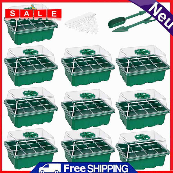 10pcs 12 Holes Planting Seed Starter Tray Kit Plant Germination Box w/ Dome Base