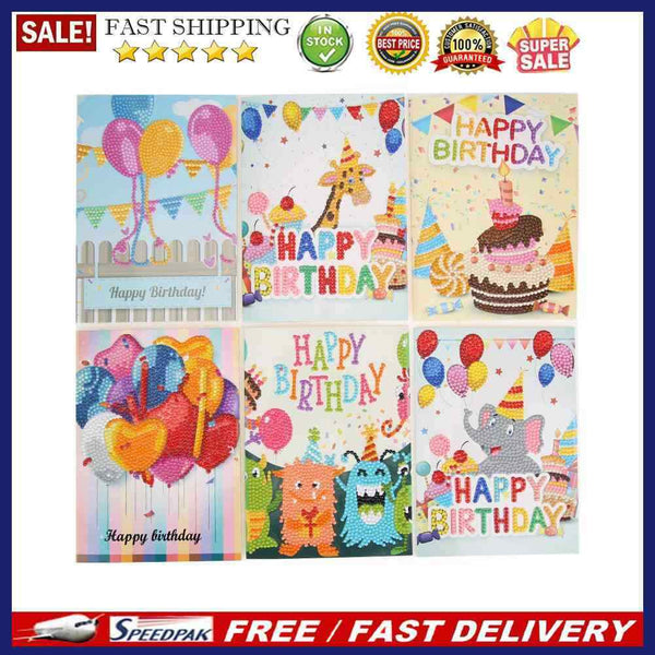 6pcs Cartoon Greeting Cards DIY Diamond Painting Birthday Postcards Craft
