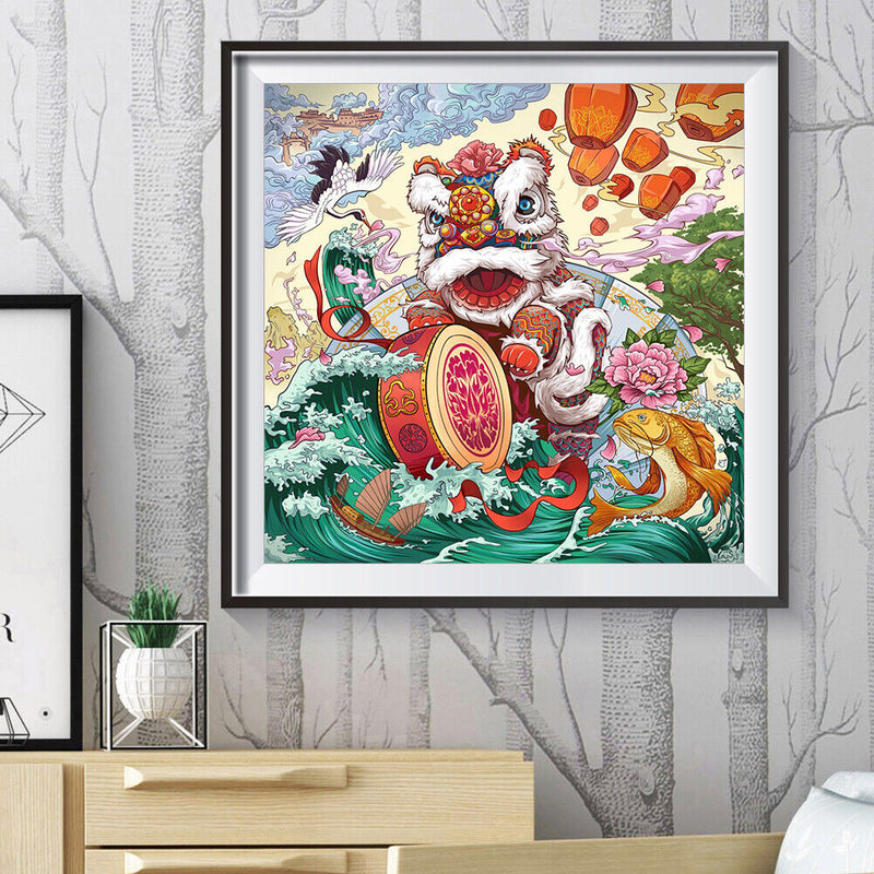 Lion Dance 5D Diamond Painting DIY Full Round Drill Kit Rhinestone Craft