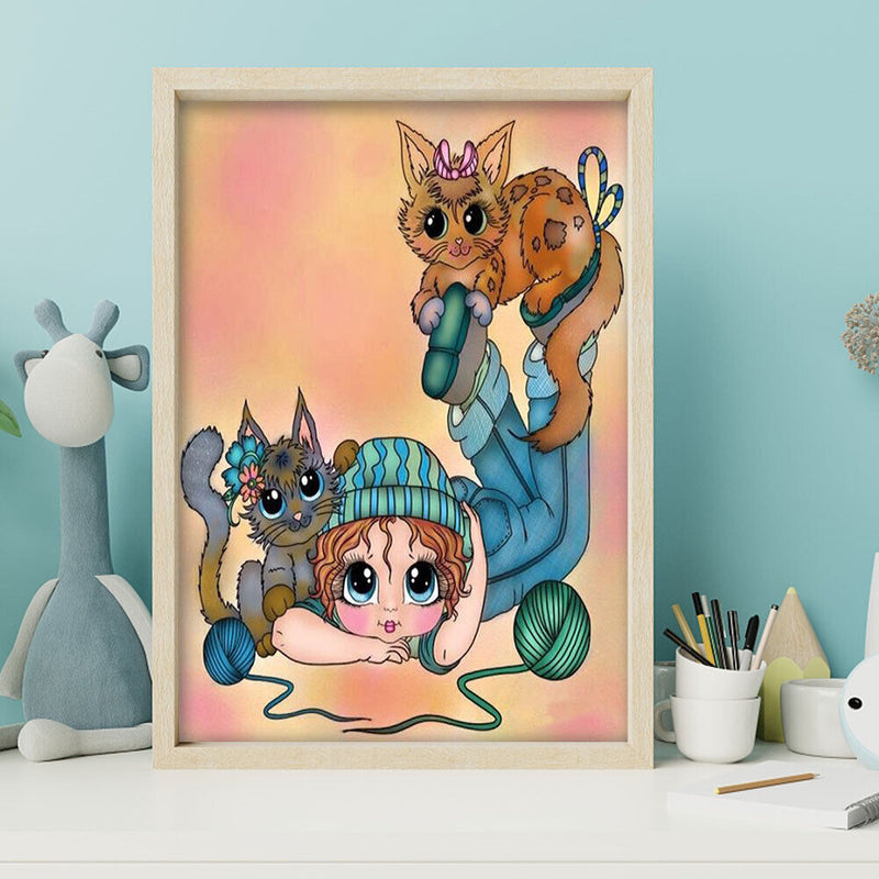 5D DIY Diamond Painting Kits Full Round Drill Playful Cat Girl Meuse
