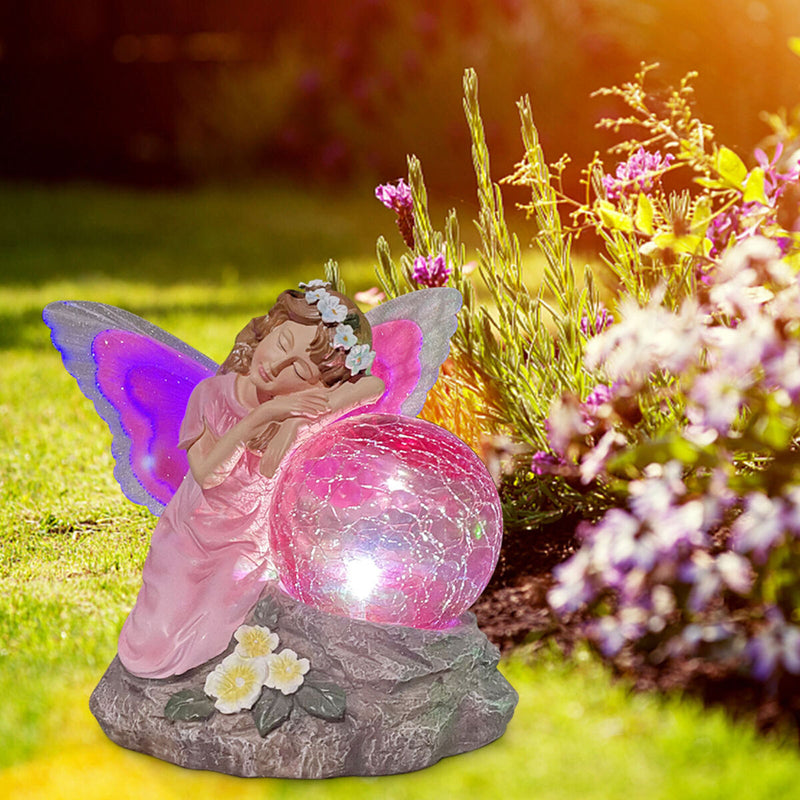 Garden Fairy Statue Waterproof Outdoor Sculpture with Solar Lights (Red) Newly