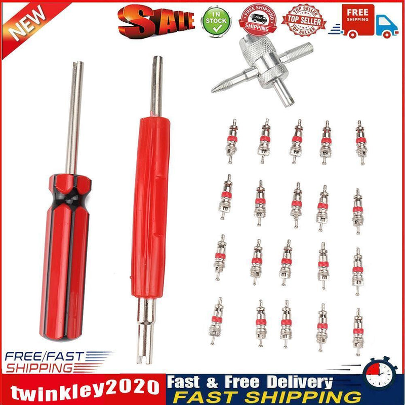 20pcs Schrader Valve Cores with Dual Single Head Removers+4-Way Valve Tool Newly