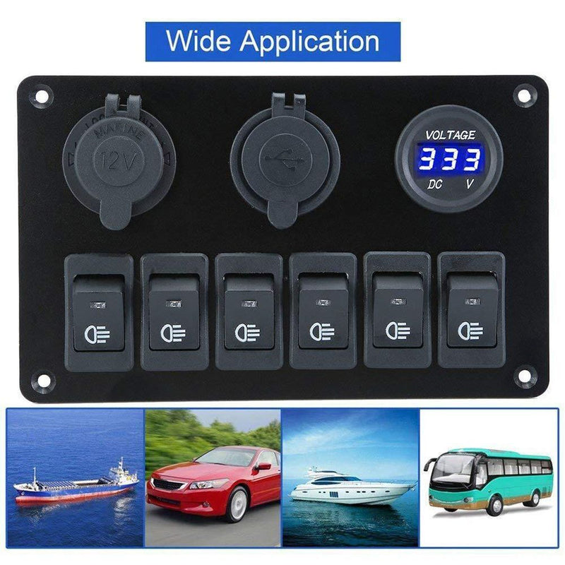 Voltmeter Circuit Breaker Dual USB Port 6 Gang 12V/24V LED Rocker Switch Panel