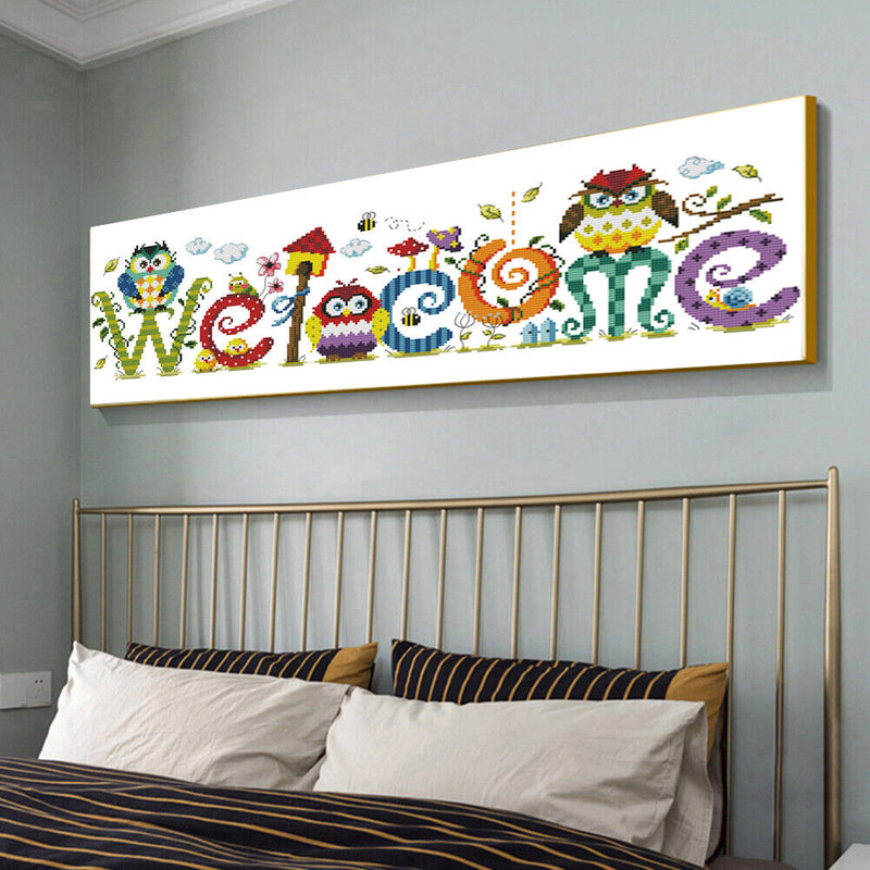 Owl Welcome Sign 14CT Counted Embroidery DIY Cotton Thread Partial Cross Stitch