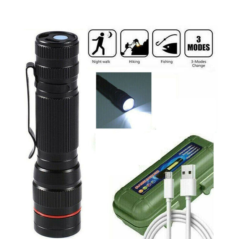 Zoom Flashlight Pen Clip Illuminated Flashlight Rechargeable USB Camping Lamp
