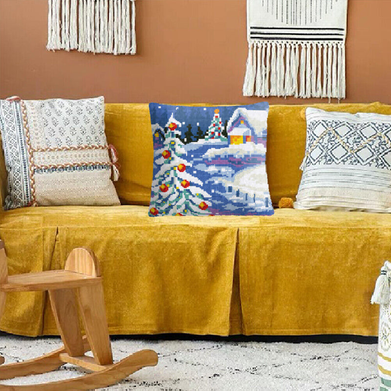 Snow Scene Stamped DIY Cross Stitch Throw Pillowcase 6CT Kit for Car Office Sofa