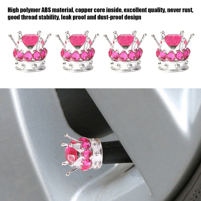 4pcs Car Rhinestone Crown Wheel Tire Valve Caps Auto Air Cover (Rose Red)