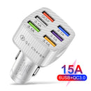 15A 6 Ports USB Car Charger QC3.0 Fast Charging Cell Phone Adapter (White) Newly