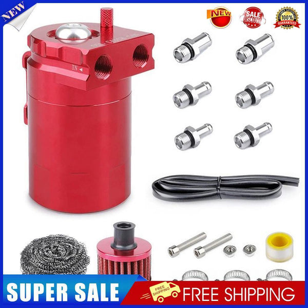 Car Baffled Oil Catch Can Tank with Air Filter Hose Cleaner Reservoir (Red)