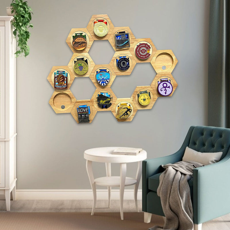 Medal Holder Display - 6 Pack Honeycomb Hexagonal Wooden Medal Hanger Display